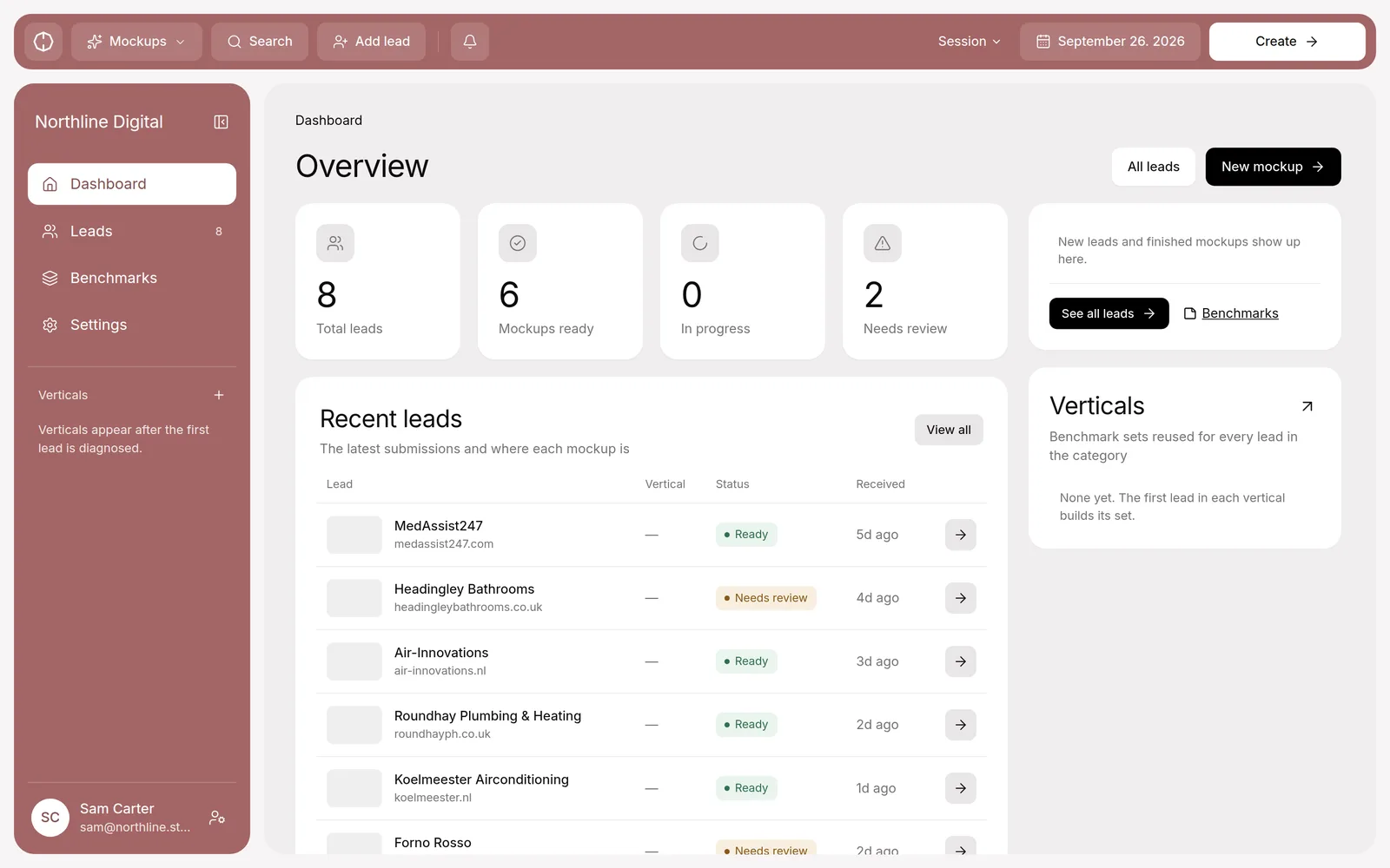 Mockups dashboard: 8 leads, 6 mockups ready and 2 needing review, with the latest leads